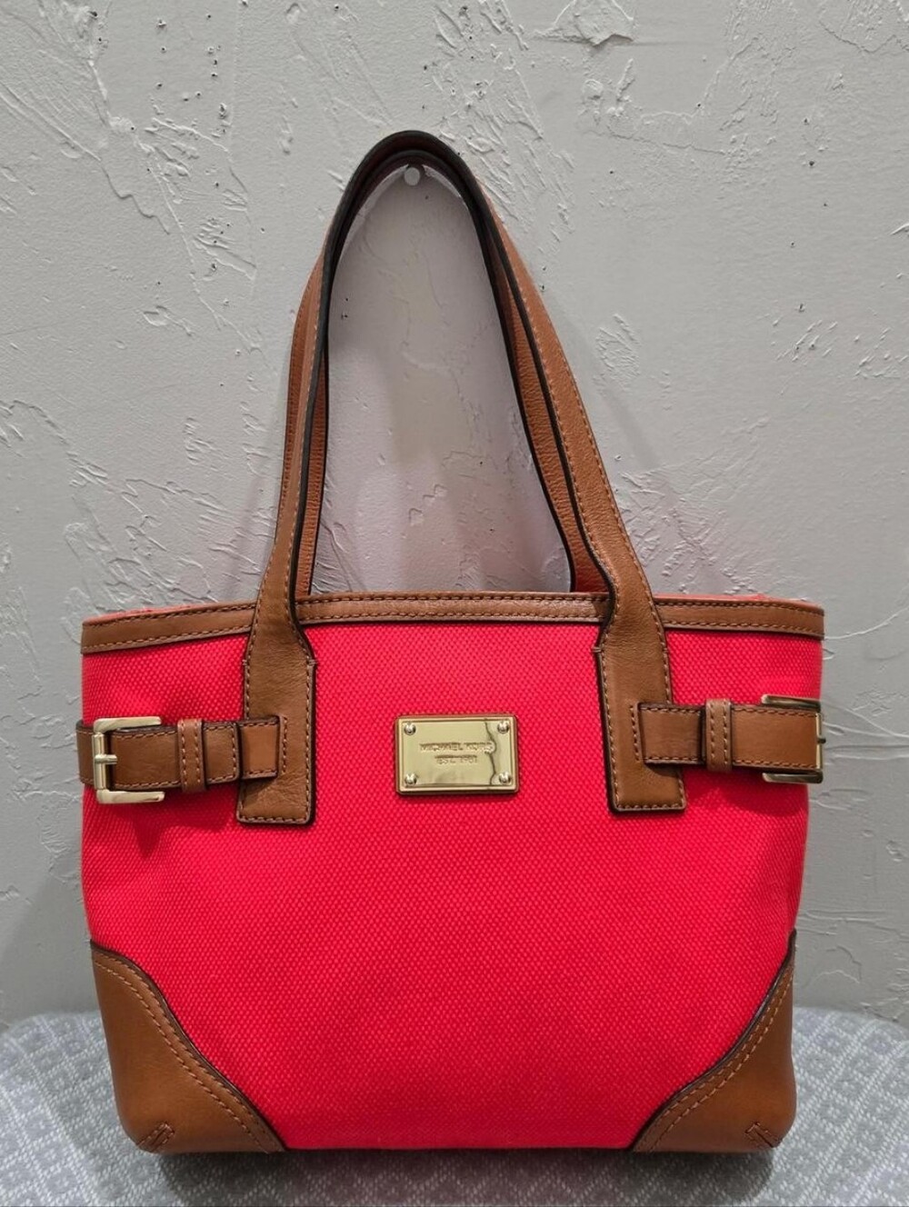 Michael Kors Orange Red Canvas Tote with Brown Leather Trim